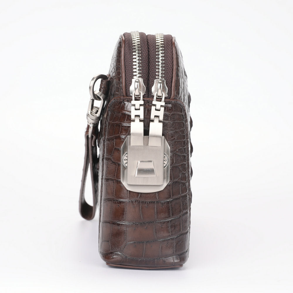 Crocodile Skin Genuine Leather Men's Handbag Double Zipper Security Lock Business Casual Men's Bag