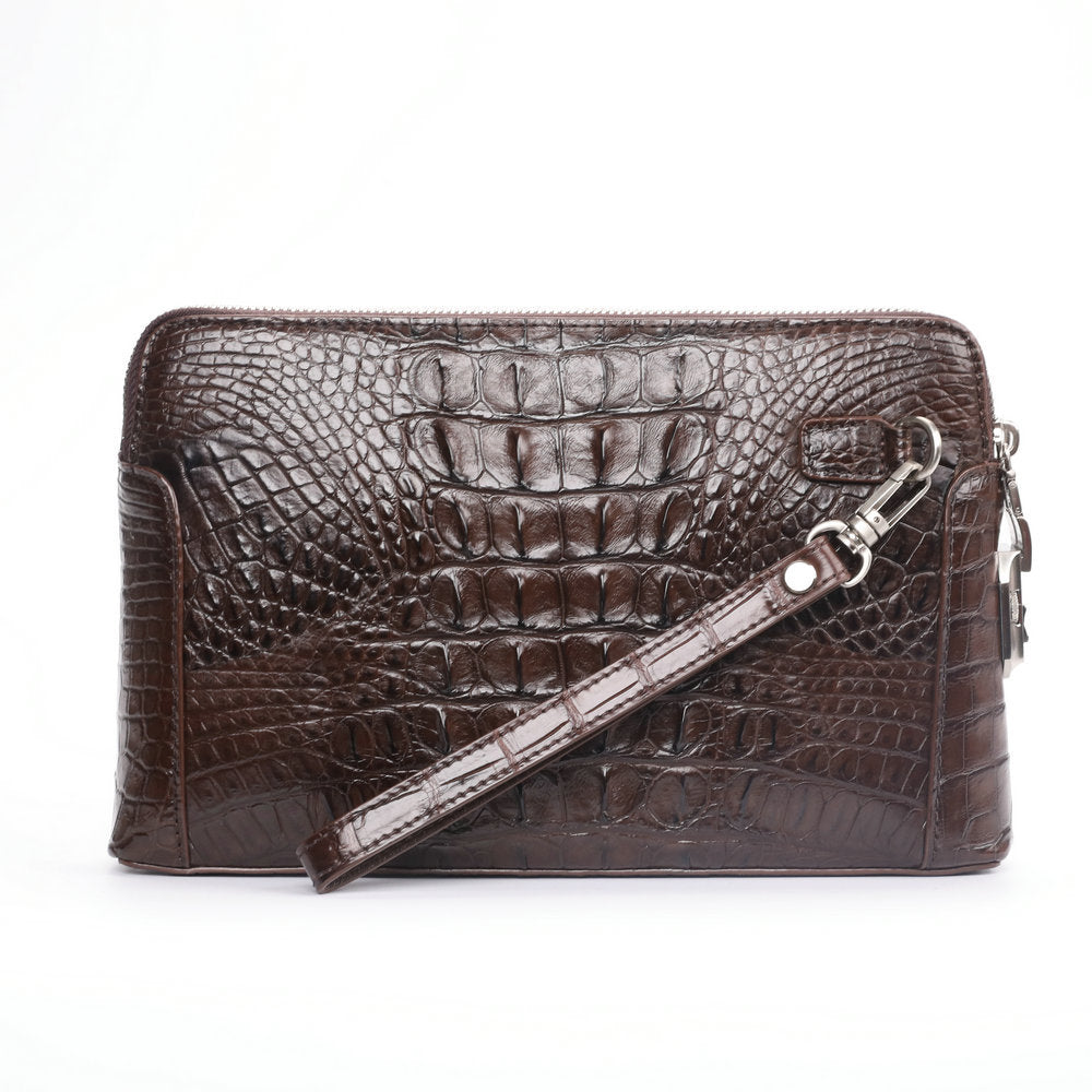 Crocodile Skin Genuine Leather Men's Handbag Double Zipper Security Lock Business Casual Men's Bag