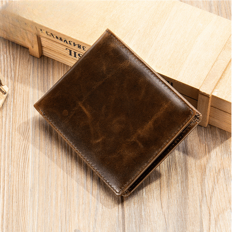 Men's short wallet cowhide retro anti-theft handmade men's wallet
