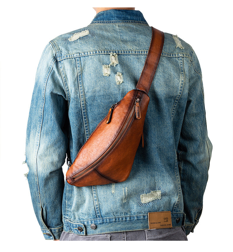 Men's bust bag Genuine cowhide leather unique casual crossbody bag for men