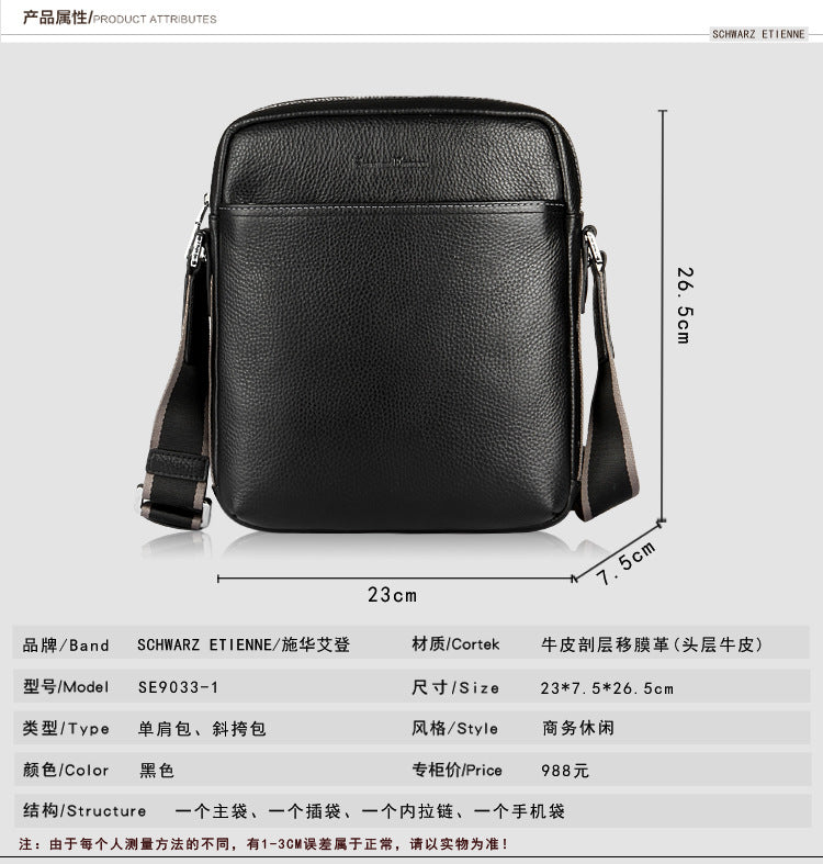 Men's Shoulder Bag Made of Genuine Cowhide Leather Fashion Large Capacity Crossbody Bag