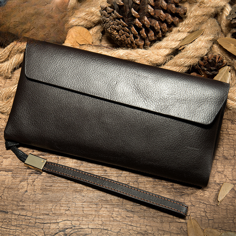 Men's Long Wallet Retro Genuine Cowhide Leather Large Capacity Card Holder RFID Anti-Theft Business Clutch Bag