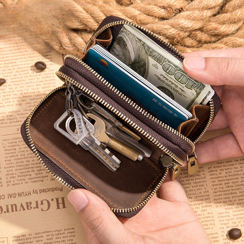 Men's Wallet Portable Cowhide Car Key Wallet Zipper Retro DIY Men's Wallet Handbag