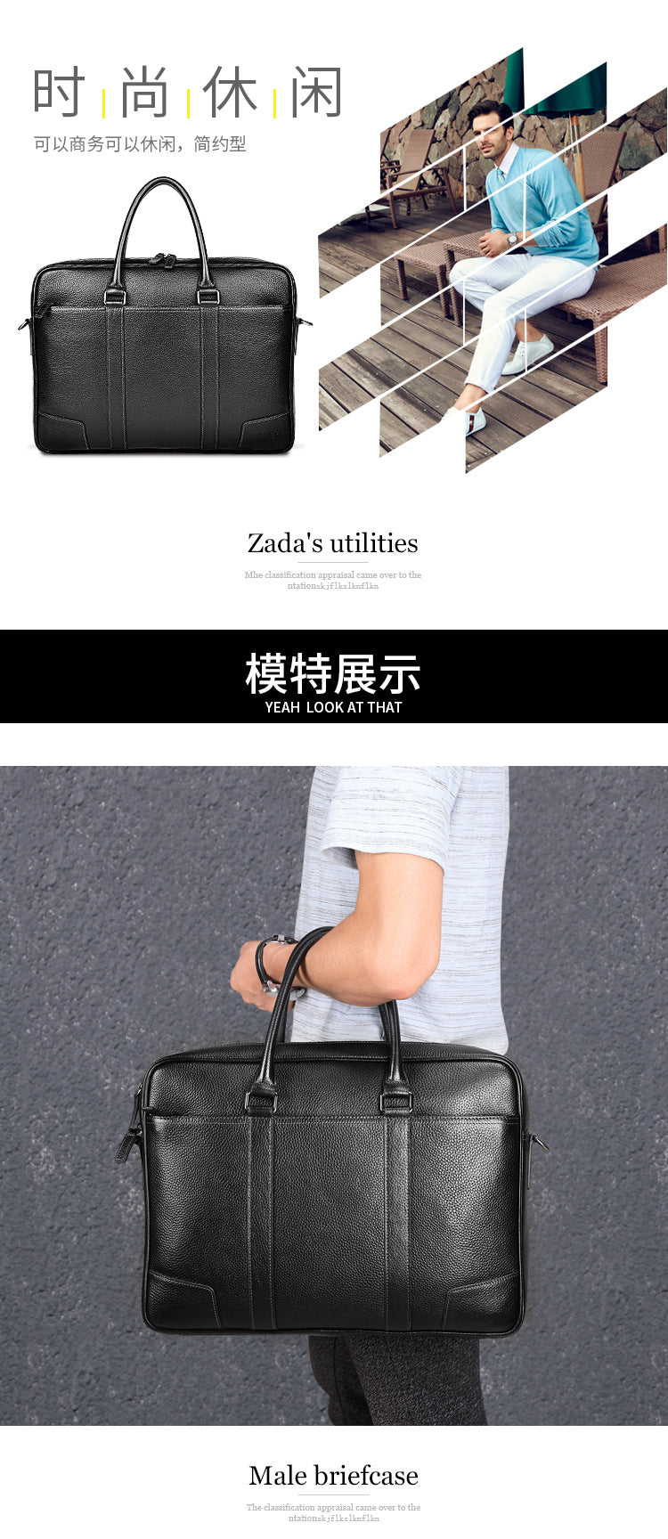 Men's handbag, genuine cowhide leather, computer bag, large capacity, business trip briefcase, men's handbag