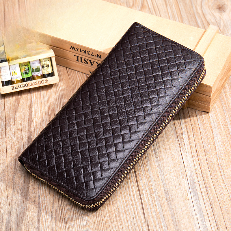 Men's long wallet made of cowhide genuine leather fashion plaid card holder zipper large capacity clutch bag men's wallet