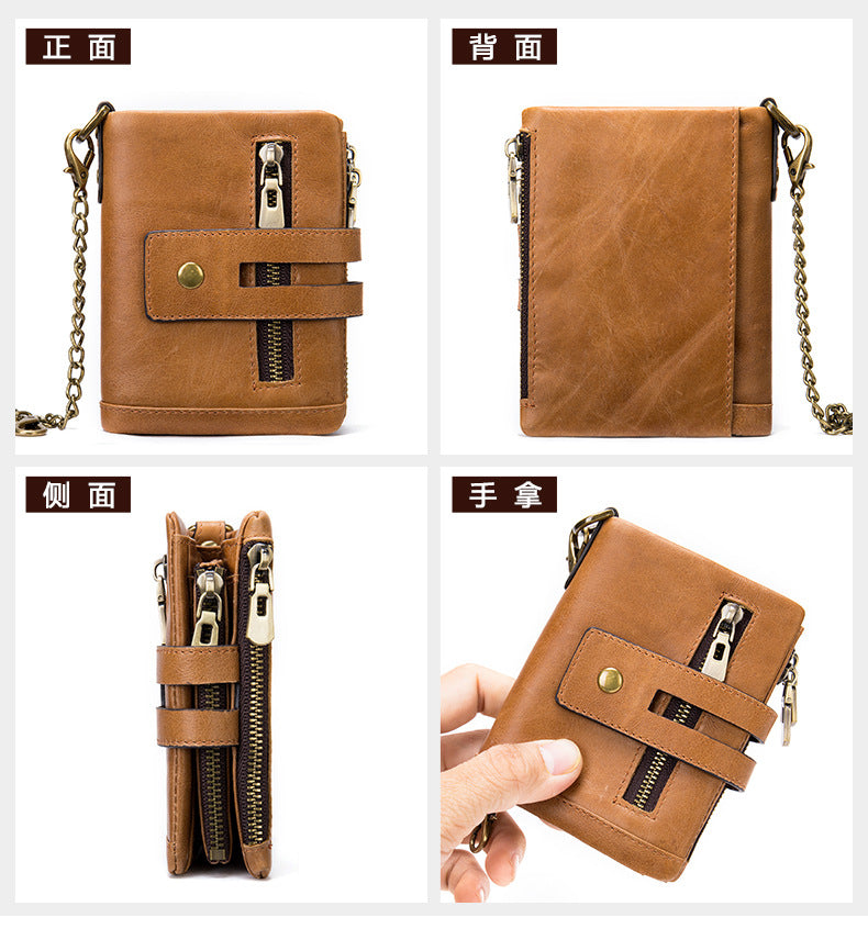 Men's short wallet made of genuine cowhide leather with multi-functional zipper and card bag wallet for men