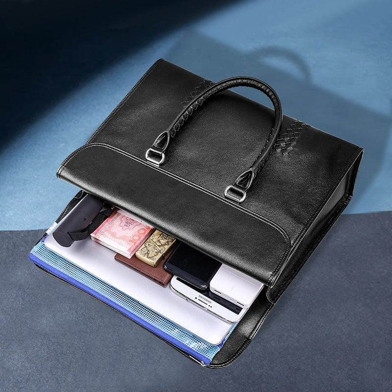 Men's Handbag Genuine Leather Cowhide Fashion Business Large Capacity Business Briefcase Computer Bag Hand-knitted Men's Handbag