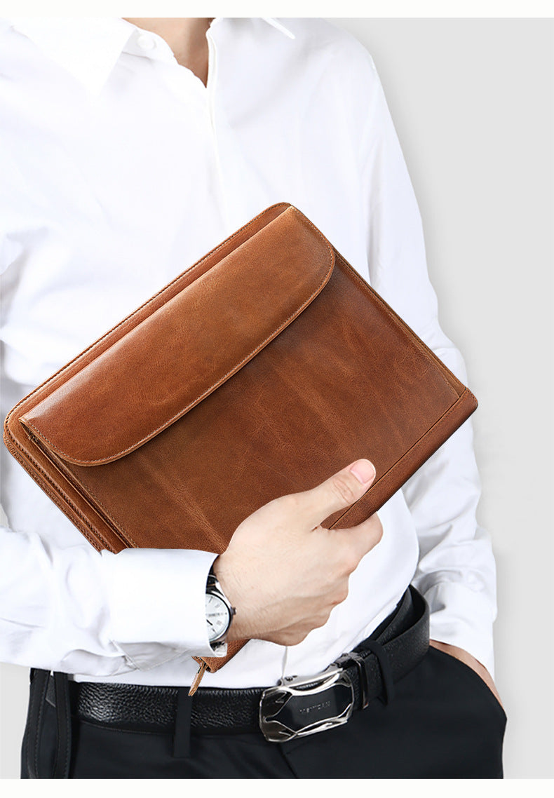 Men's clutch bag Genuine cowhide leather large capacity business zipper file bag Men's handbag
