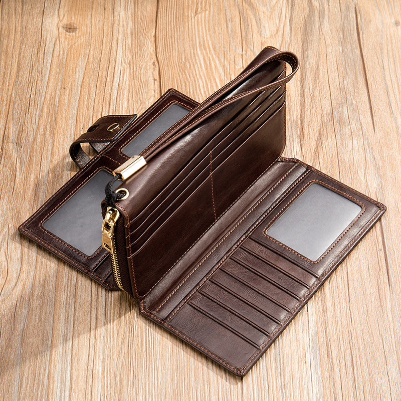 Men's long wallet, large capacity wallet, genuine cowhide leather, zipper clutch bag, handbag for men