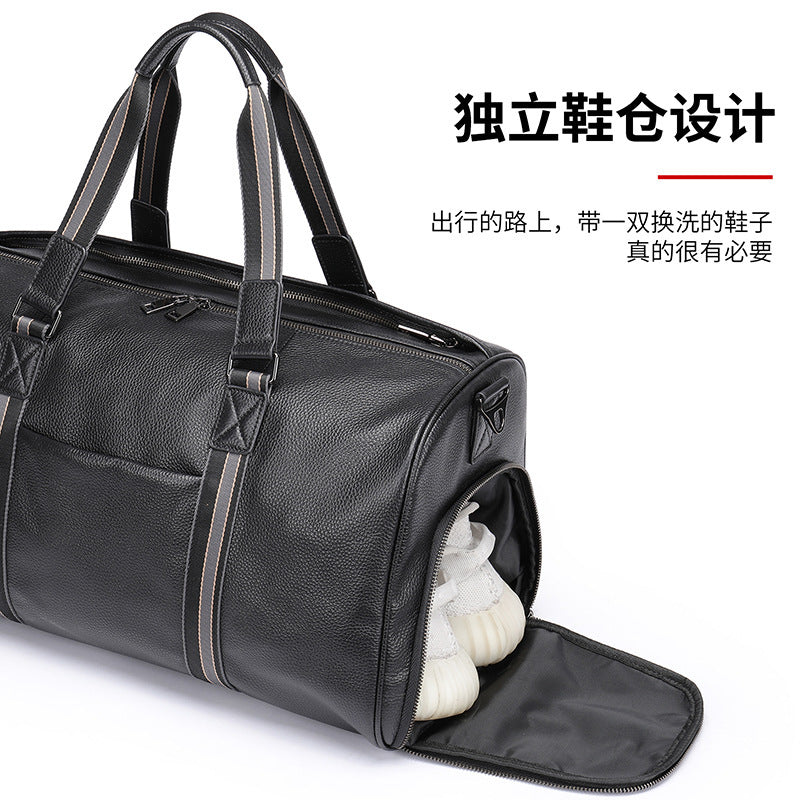 Men's Fitness Bag Genuine Cowhide Leather Dry/Wet Separate Short-distance Luggage Bag Men's Travel Bag Shoulder Bag