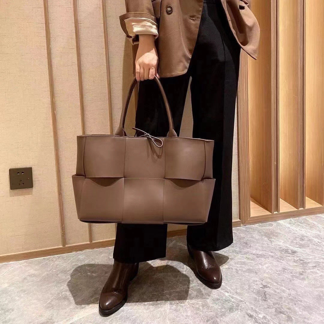 Women's Handbag Genuine Leather Tote Bag Large Capacity Shoulder Bag Crossbody Back String Tape Fashion