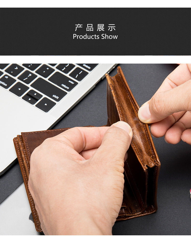 Men's Short Wallet Genuine Cowhide Leather RFID Anti-Theft Card Bag Retro Men's Wallet