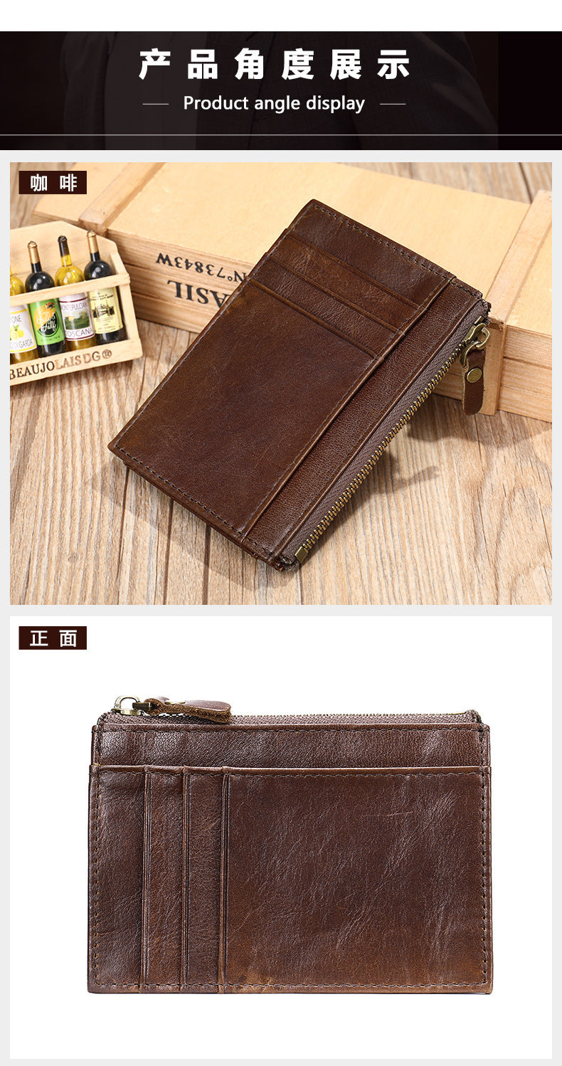 Men's wallet made of genuine cowhide leather, portable coin purse, anti-theft brush, card bag for men