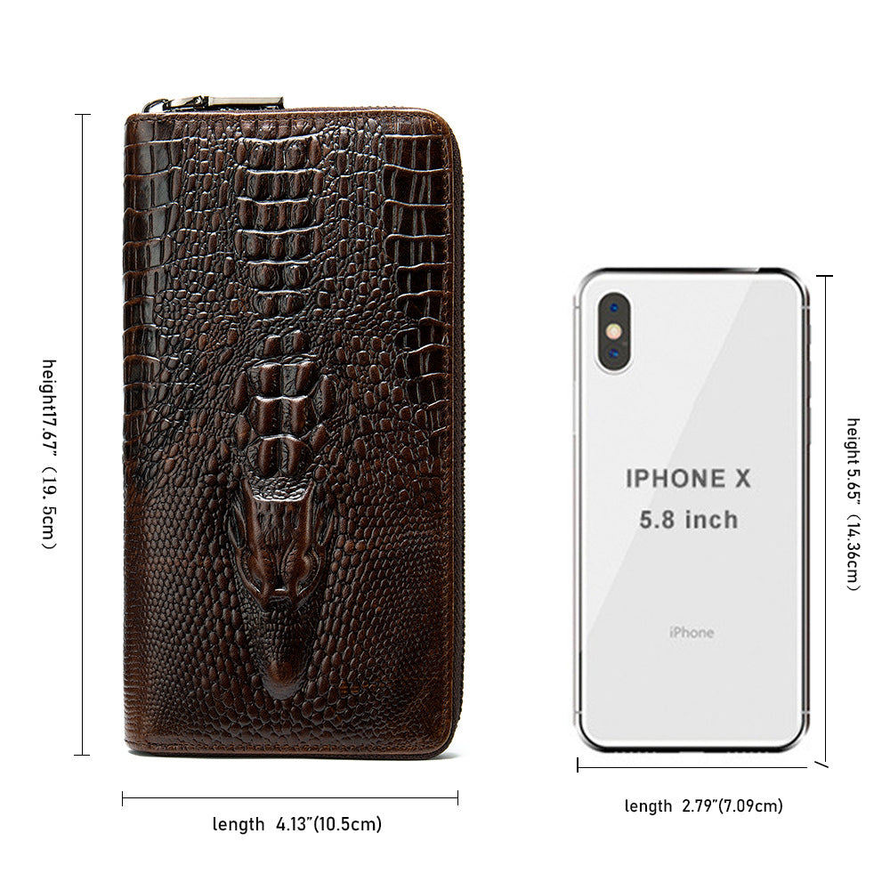 Men's Long Wallet Retro Crocodile Crest Cow Leather Card Holder Anti-Theft Brush RFID Men's Clutch Bag