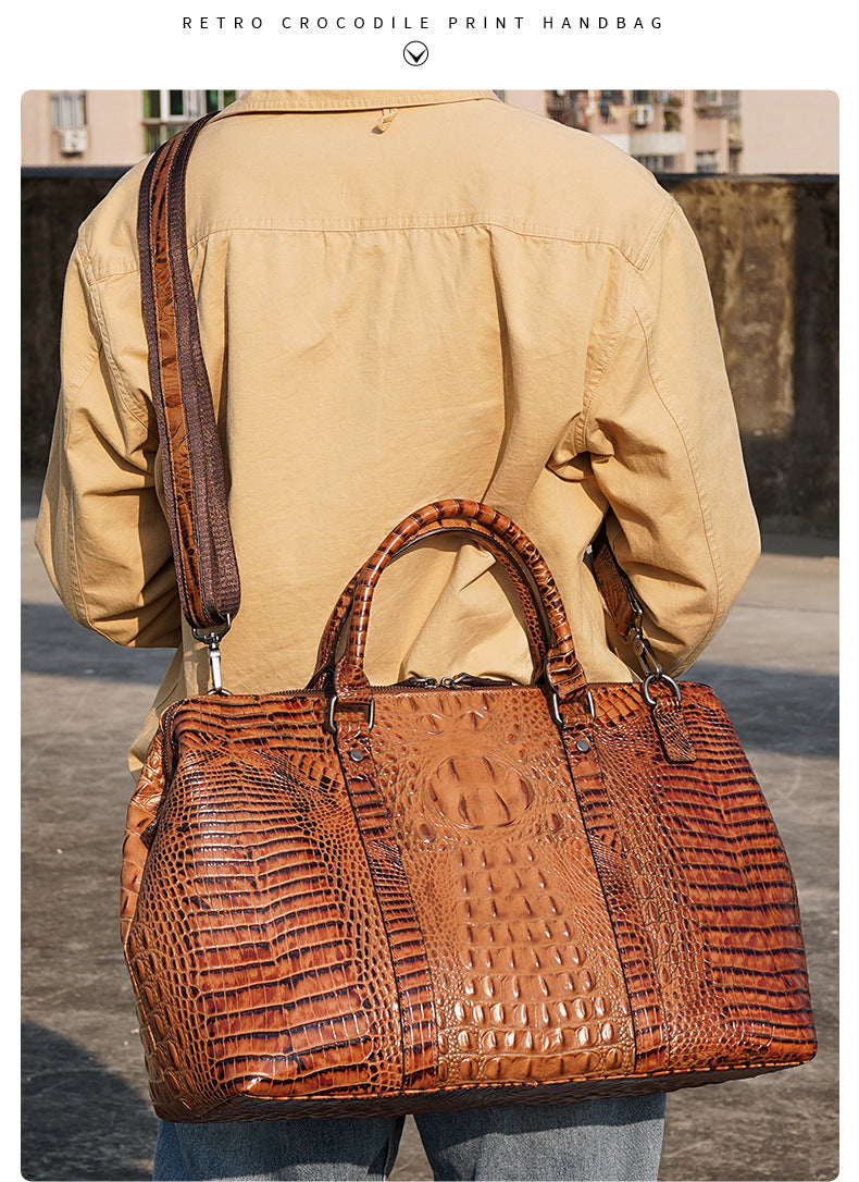 Men's Handbag Crocodile Crest Cow Leather Unisex Travel Bag Short Distance Business Luggage Bag