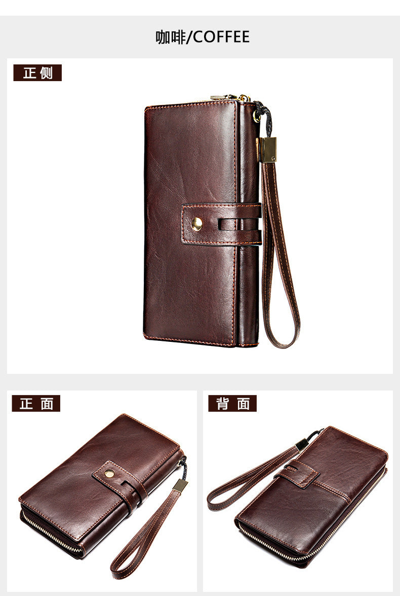 Men's long wallet, large capacity wallet, genuine cowhide leather, zipper clutch bag, handbag for men