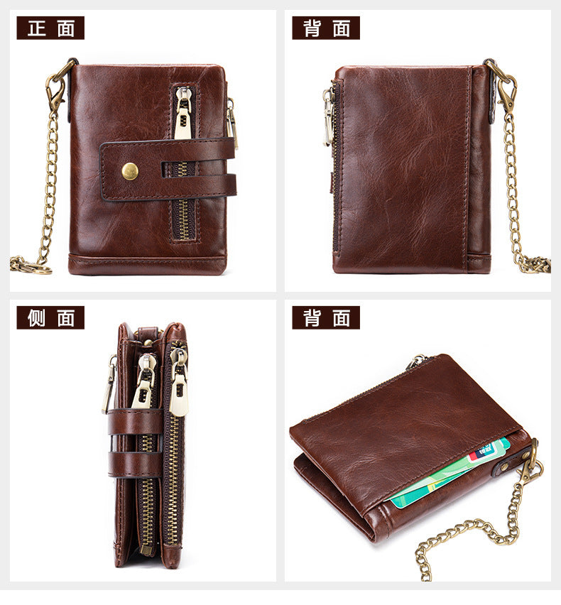 Men's short wallet made of genuine cowhide leather with multi-functional zipper and card bag wallet for men
