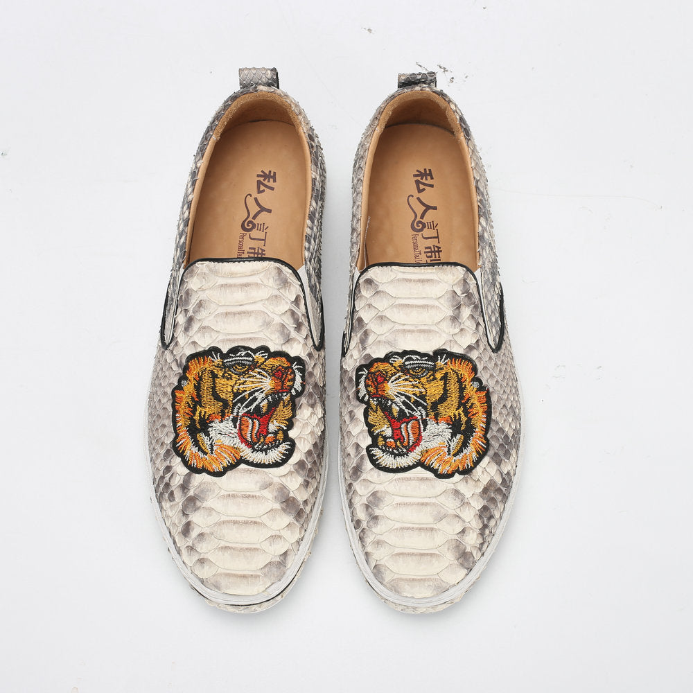 Python Skin Genuine Leather Men's Moccasins Embroidery Tiger Head Fashion Men Shoes Casual Shoes