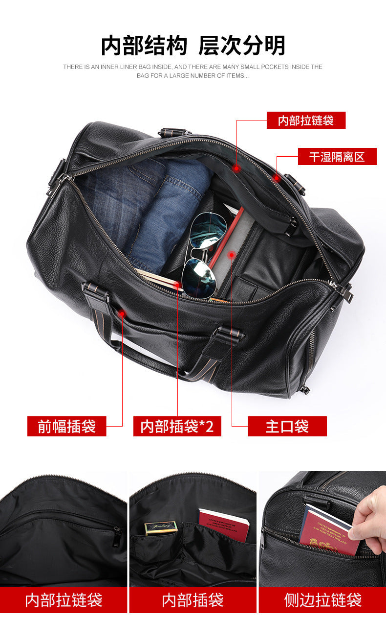 Men's Fitness Bag Genuine Cowhide Leather Dry/Wet Separate Short-distance Luggage Bag Men's Travel Bag Shoulder Bag