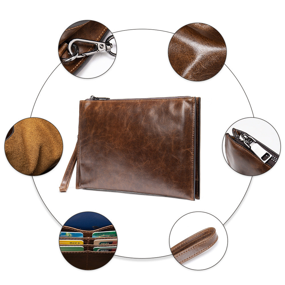 Men's Clutch Bag Genuine Cowhide Leather Handbag Business Vintage Men's Wrist Bag