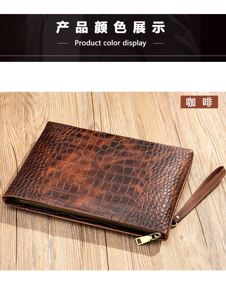 Men's Clutch Bag Business Crocodile Crest Cow Leather Handbag for Men