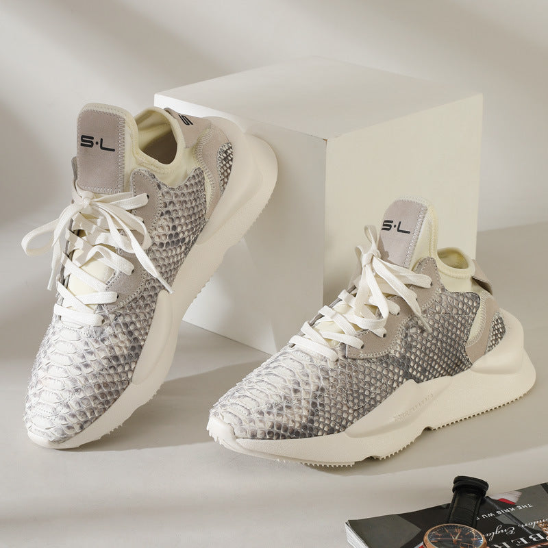 Python Skin Genuine Leather Men's Sneakers Casual Wear-resistant Breathable Thick Sole Men's Shoes