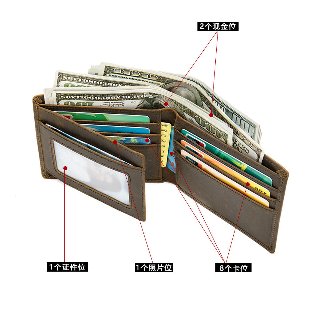 Men's Short Wallet Cow Leather Retro Crazy Horse Handmade Men's Wallet