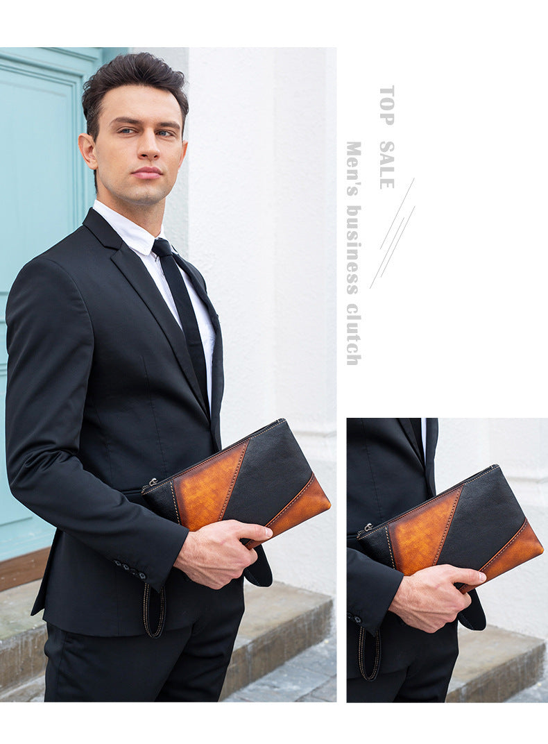 Men's Clutch Bag, Cowhide Genuine Leather, Large Capacity, Retro Fashion, Men's Handbag