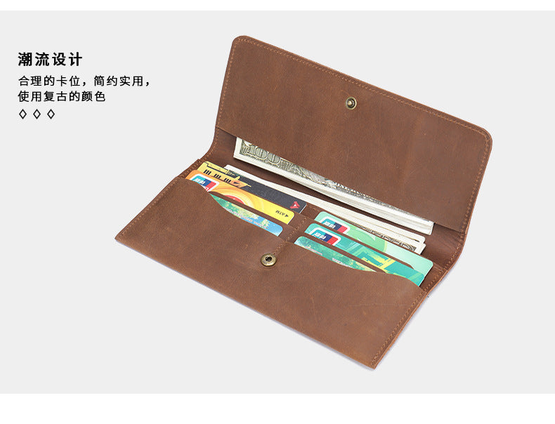 Men's long wallet, genuine cowhide leather, zipper, thin business card holder, wallet for men
