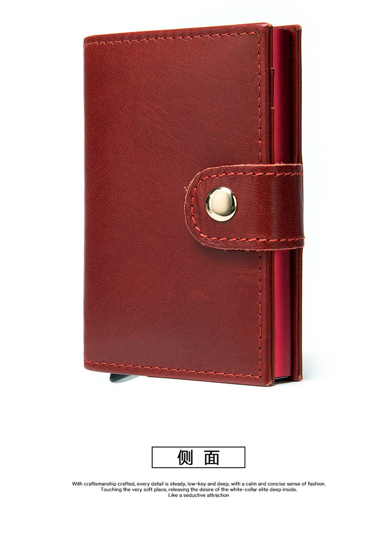 Men's wallet cowhide genuine leather aluminum alloy automatic pop-up RFID anti-theft brush personality business card holder card bag for men