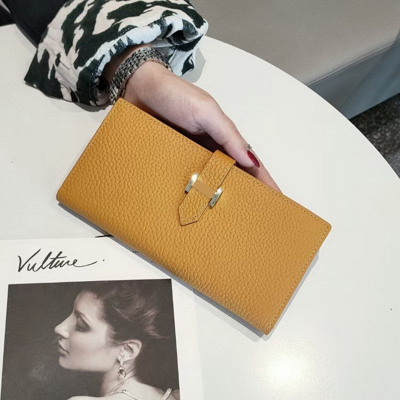 Simple Ladies Cowhide Handbag Lychee Pattern Fashion Long Bifold Wallet Genuine Leather Wallet
