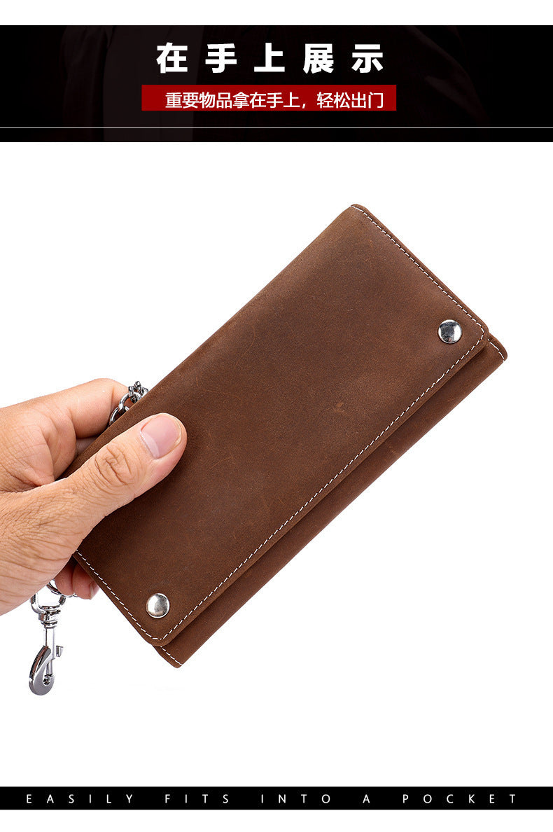Men's Long Wallet, Cowhide, Genuine Leather, Retro Chain, Multi-Card Holder, Anti-Theft Wallet, Men's Wallet Wrist Bag