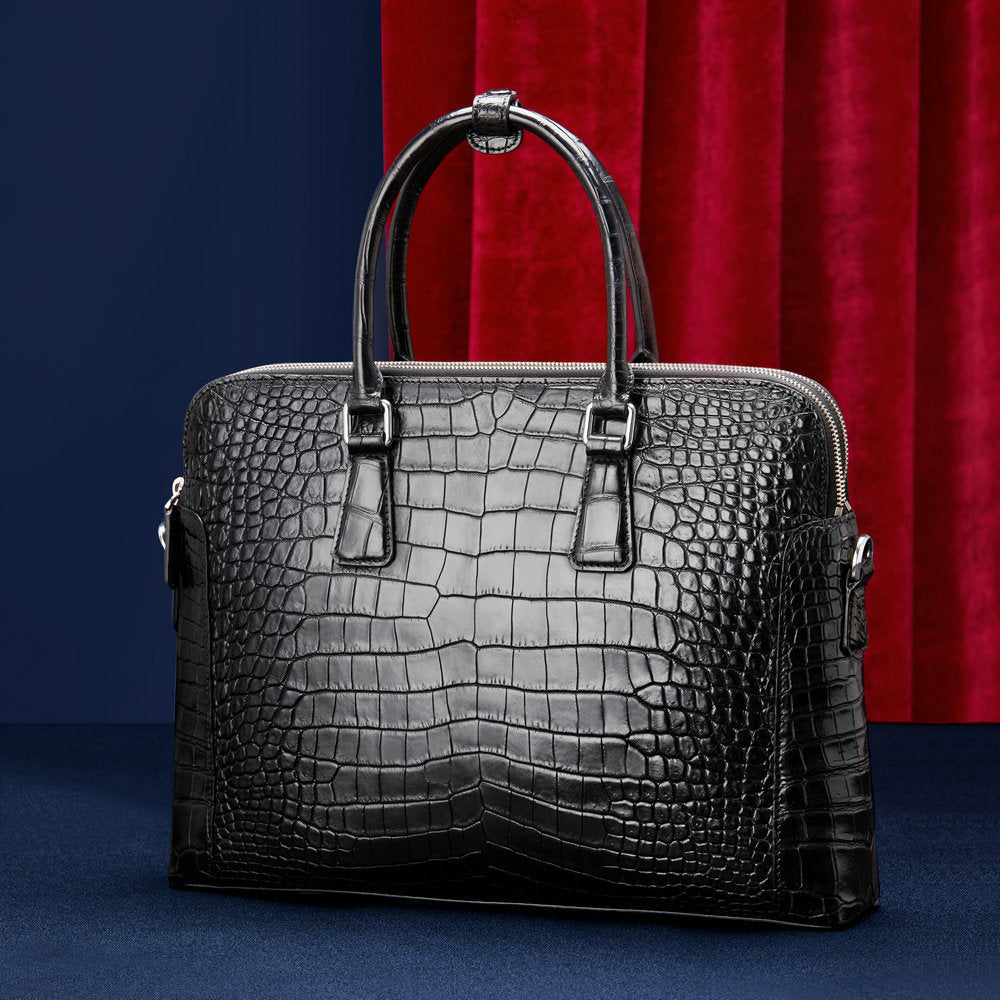 Siamese Crocodile Belly Skin Briefcase Genuine Leather Men's Bag Double Zipper Handbag File Bag Men's Business Bag Handbag