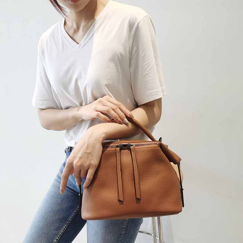 Large capacity ladies shoulder bag handbag two-way zipper genuine leather diagonal shoulder bag