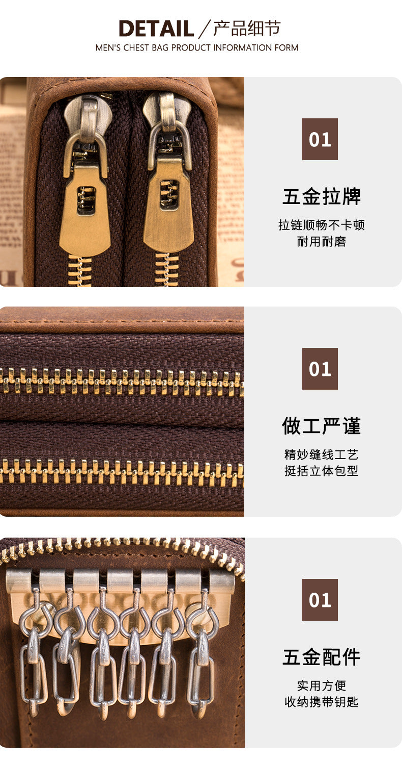 Men's Wallet Portable Cowhide Car Key Wallet Zipper Retro DIY Men's Wallet Handbag