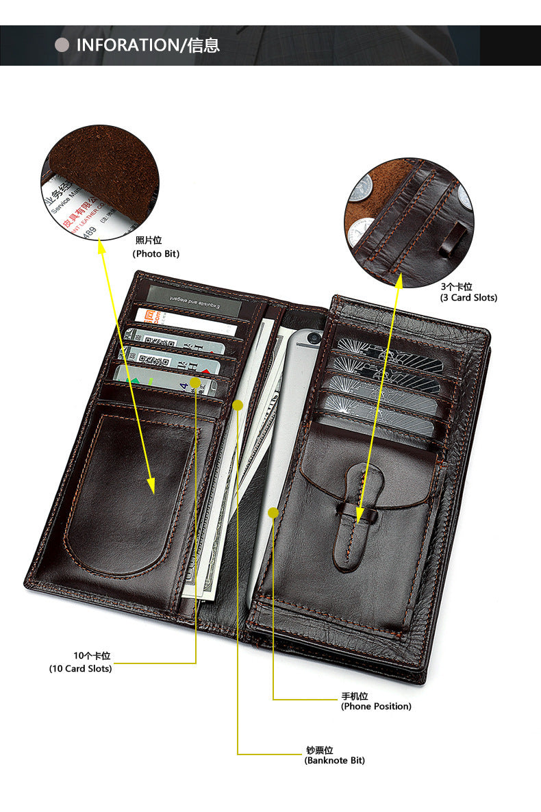 Men's long wallet, genuine cowhide leather, coin purse, card holder, business wallet for men