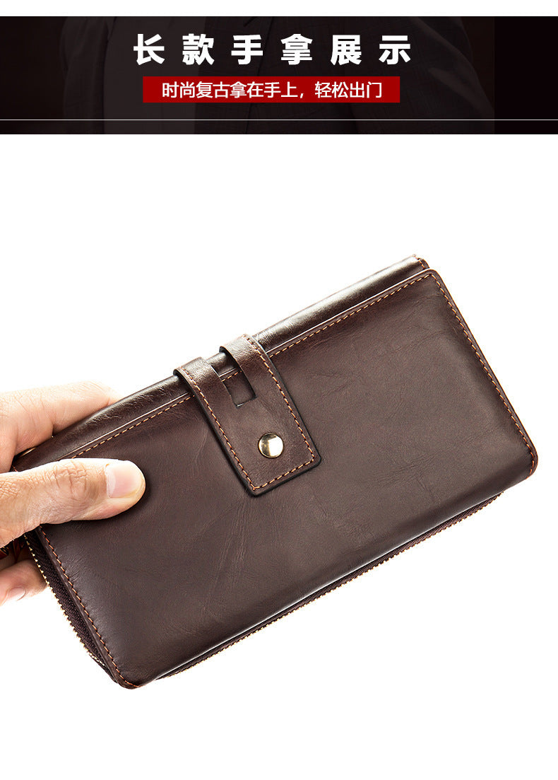 Men's long wallet, large capacity wallet, genuine cowhide leather, zipper clutch bag, handbag for men