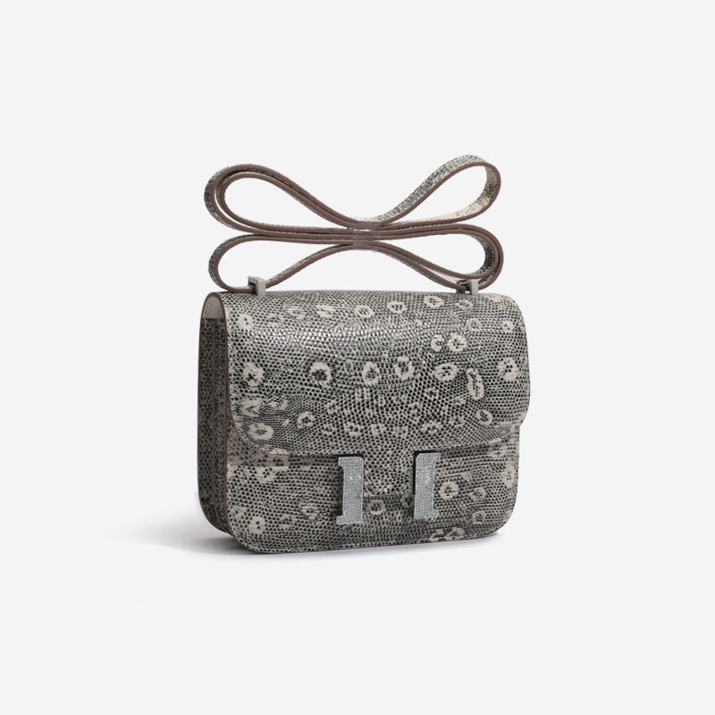 Siamese Crocodile Skin Lizard Pattern Luxury Genuine Leather Women's Bag Rhinestone Buckle Side Bag Crossbody Bag