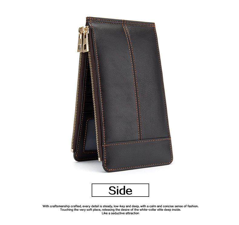 Men's long wallet made of genuine cowhide leather large capacity clutch bag Korean fashion unique zipper men's wallet