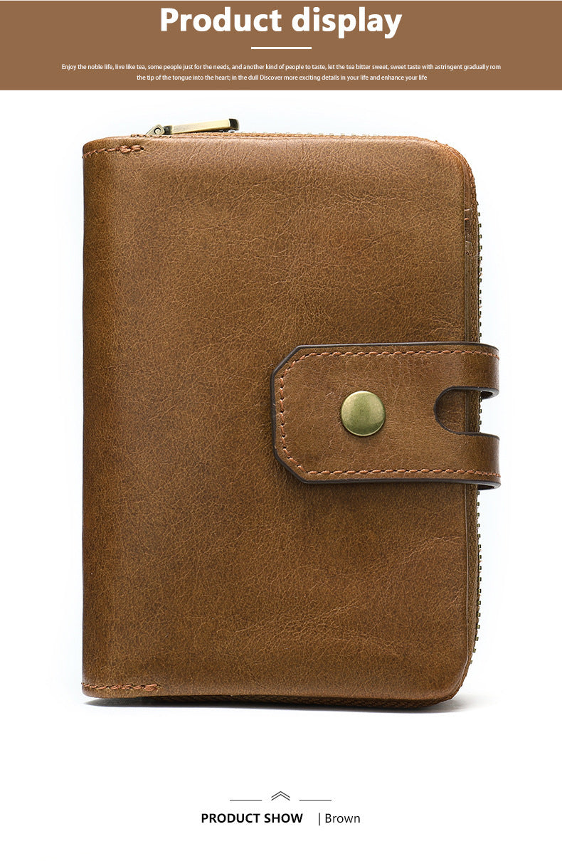 Men's short wallet, genuine cowhide leather, retro coin purse, anti-theft brush, zipper, unisex card bag