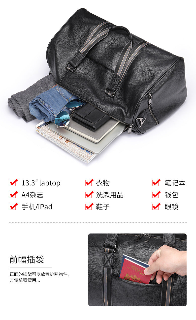 Men's Fitness Bag Genuine Cowhide Leather Dry/Wet Separate Short-distance Luggage Bag Men's Travel Bag Shoulder Bag
