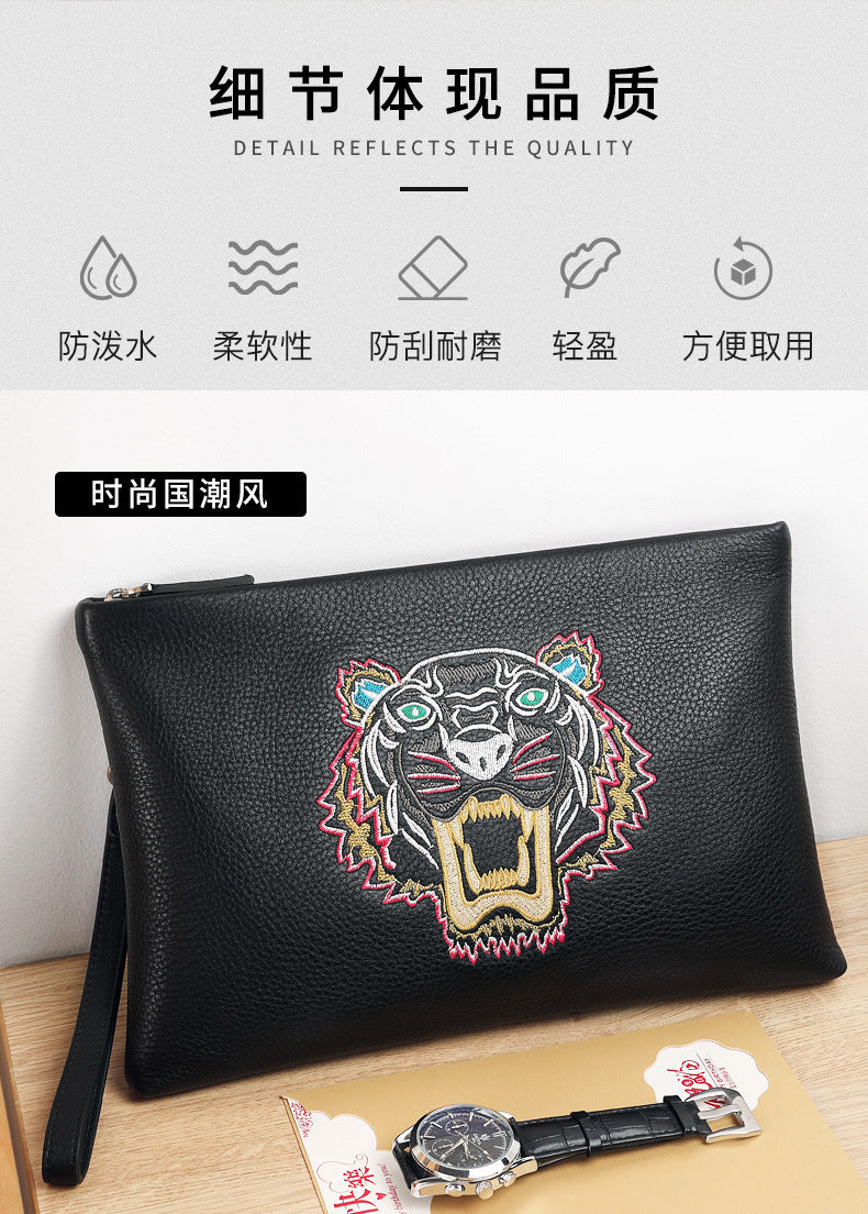 Men's Clutch Bag Genuine Cowhide Leather Casual Fashion Tiger Head Embroidery Men's Handbag