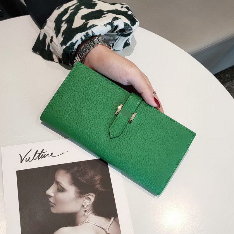 Simple Ladies Cowhide Handbag Lychee Pattern Fashion Long Bifold Wallet Genuine Leather Wallet