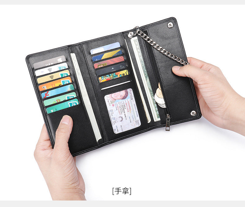 Men's Long Wallet, Cowhide, Genuine Leather, Retro Chain, Multi-Card Holder, Anti-Theft Wallet, Men's Wallet Wrist Bag