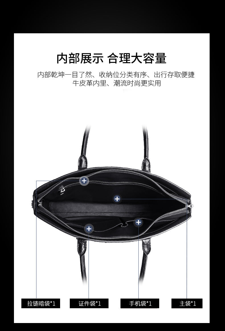 Siamese crocodile bone skin men's briefcase handbag anti-theft security lock genuine leather luxury business bag handbag
