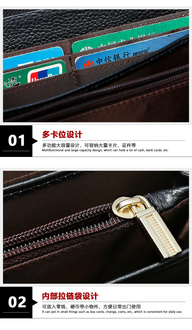 Men's long wallet made of cowhide genuine leather fashion plaid card holder zipper large capacity clutch bag men's wallet
