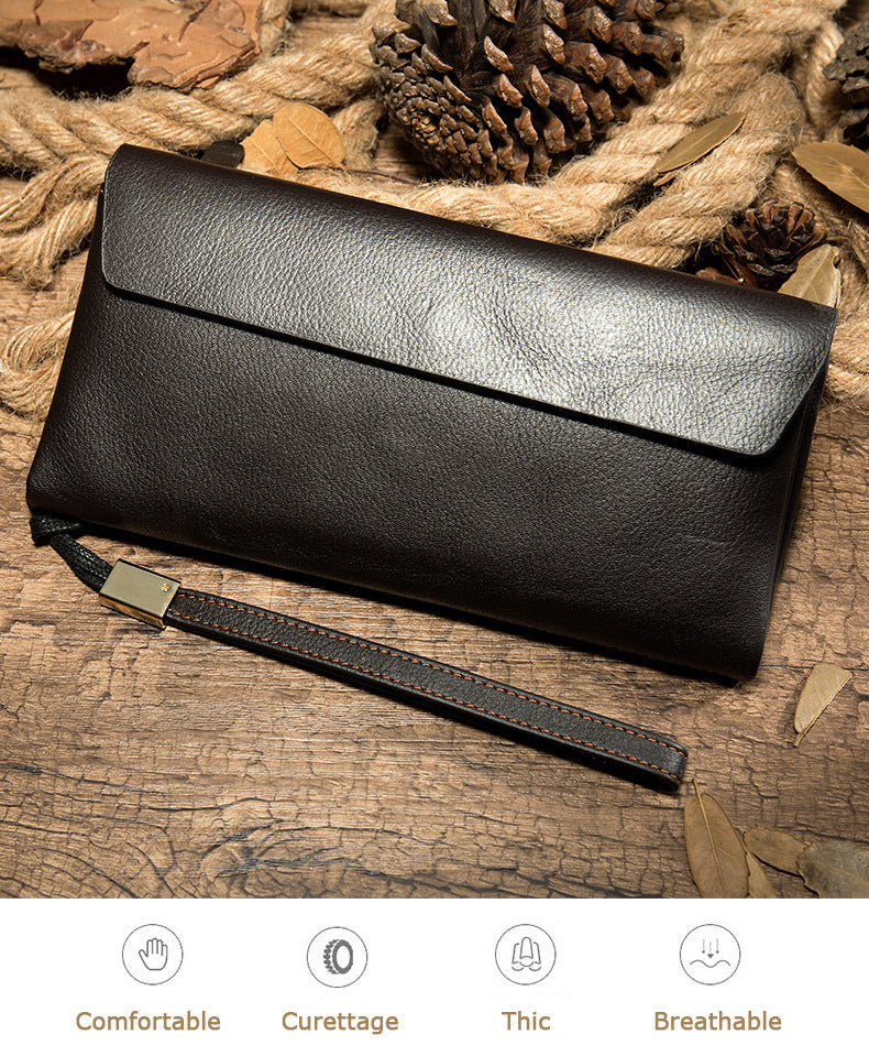Men's Long Wallet Retro Genuine Cowhide Leather Large Capacity Card Holder RFID Anti-Theft Business Clutch Bag