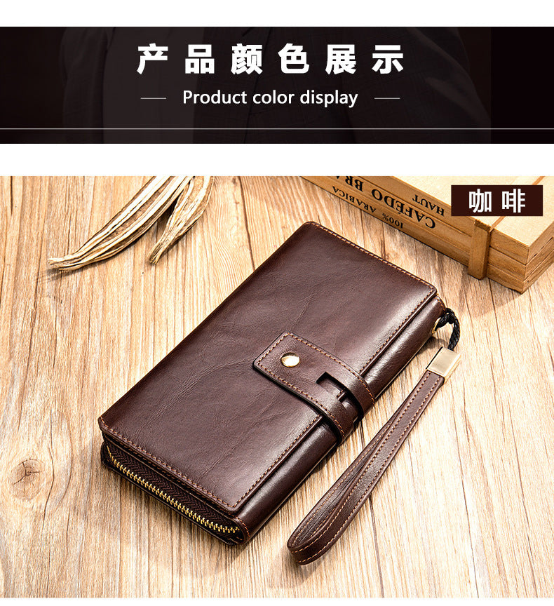 Men's long wallet, large capacity wallet, genuine cowhide leather, zipper clutch bag, handbag for men
