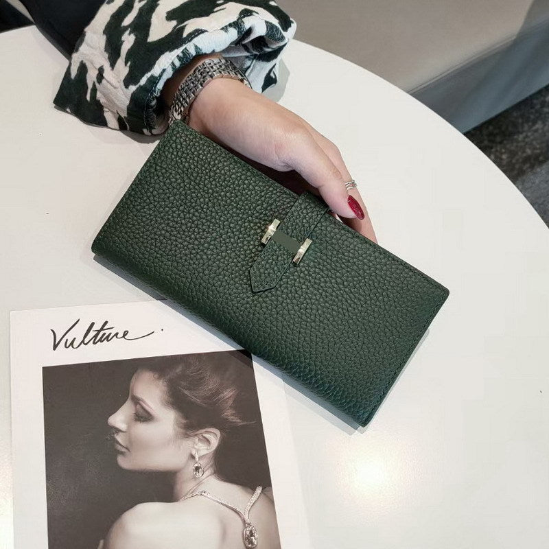 Simple Ladies Cowhide Handbag Lychee Pattern Fashion Long Bifold Wallet Genuine Leather Wallet