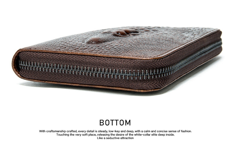 Men's Long Wallet Retro Crocodile Crest Cow Leather Card Holder Anti-Theft Brush RFID Men's Clutch Bag